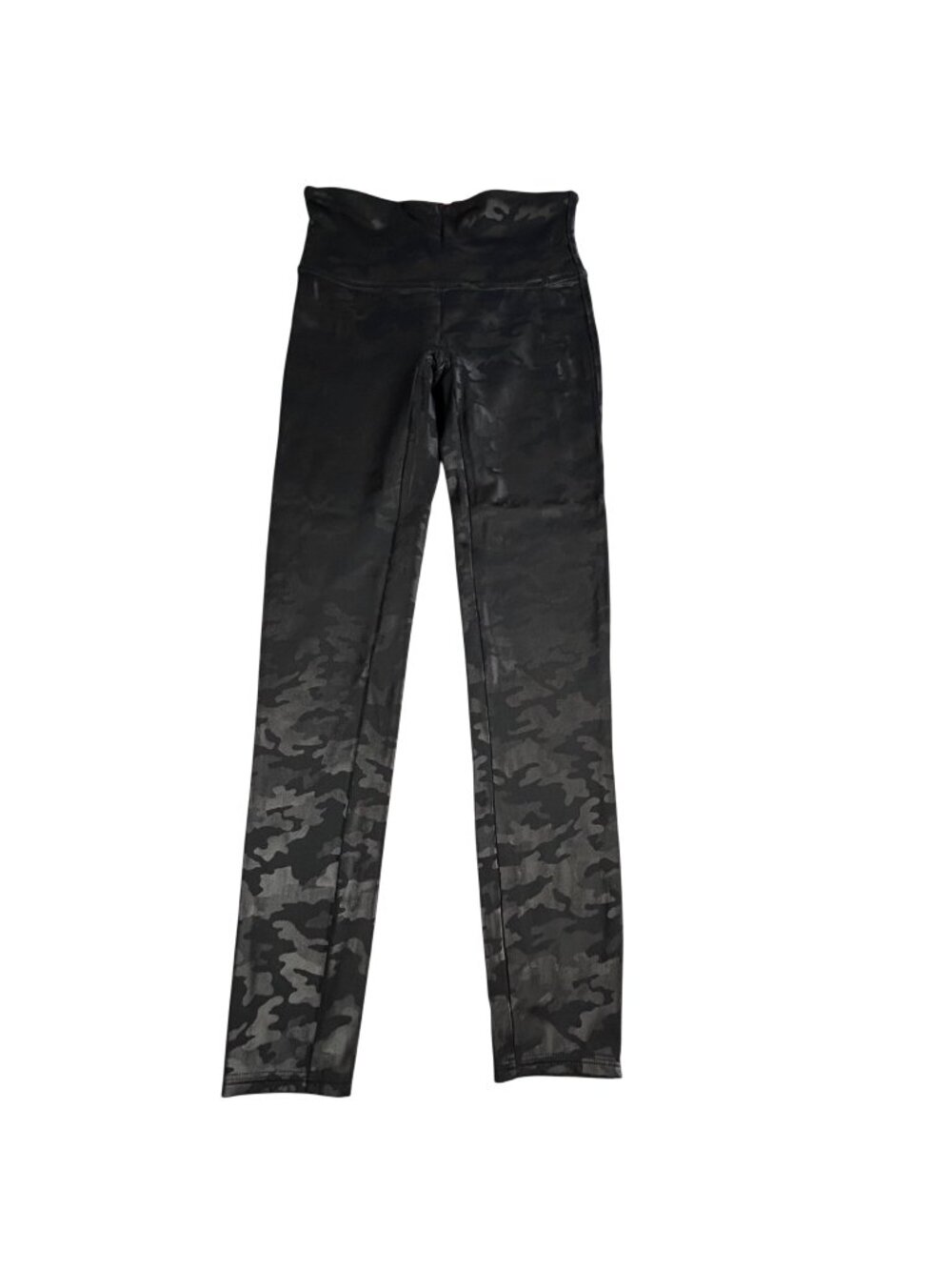 Spanx Faux Leather Camo Leggings Women's L High-Waist Black Sleek Stretchy Pants